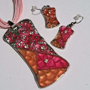 pink orange silver color earing and necklace set large pendant abstract